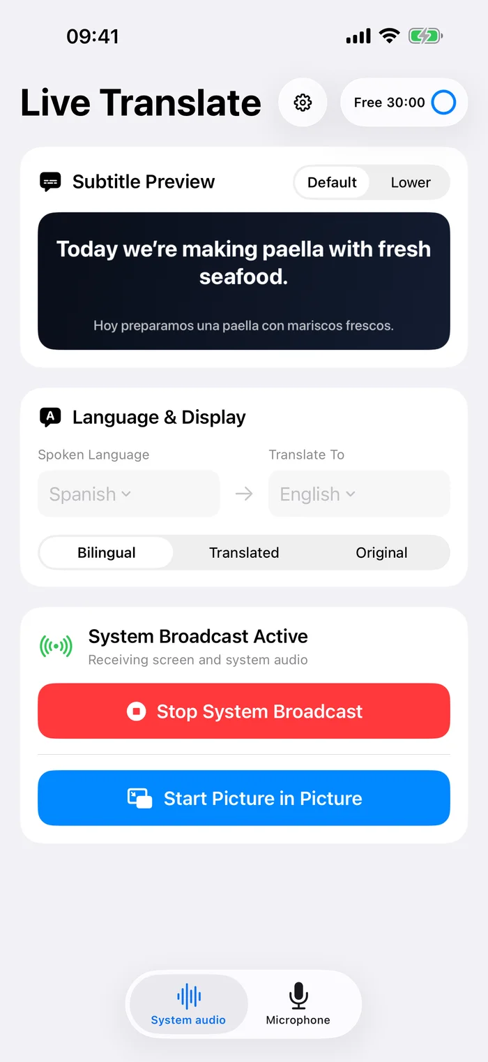Live Translate system audio screen with bilingual caption preview